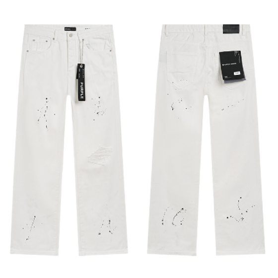 White Wide-Leg Denim Jeans with Paint Splatter and Light Knee Distressing